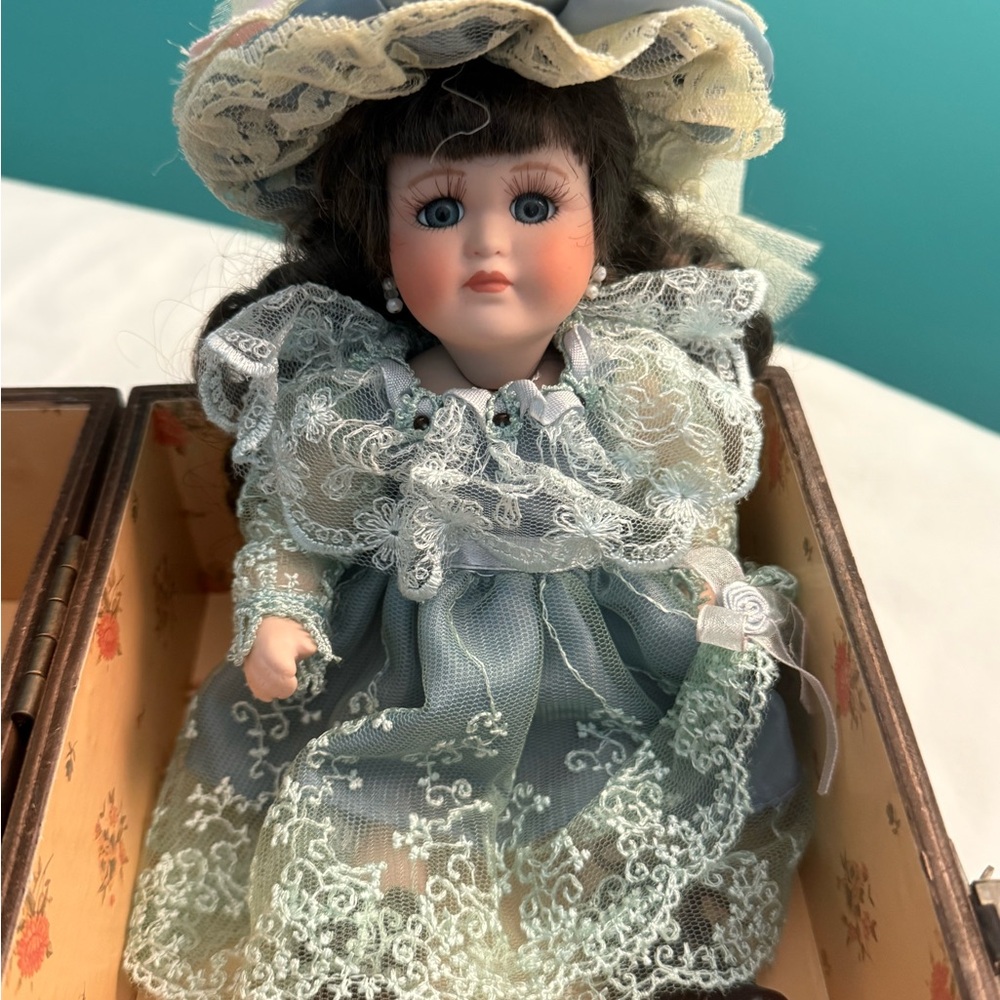 Vintage Cracker Barrel Porcelain Doll with Storage Chest and Clothes